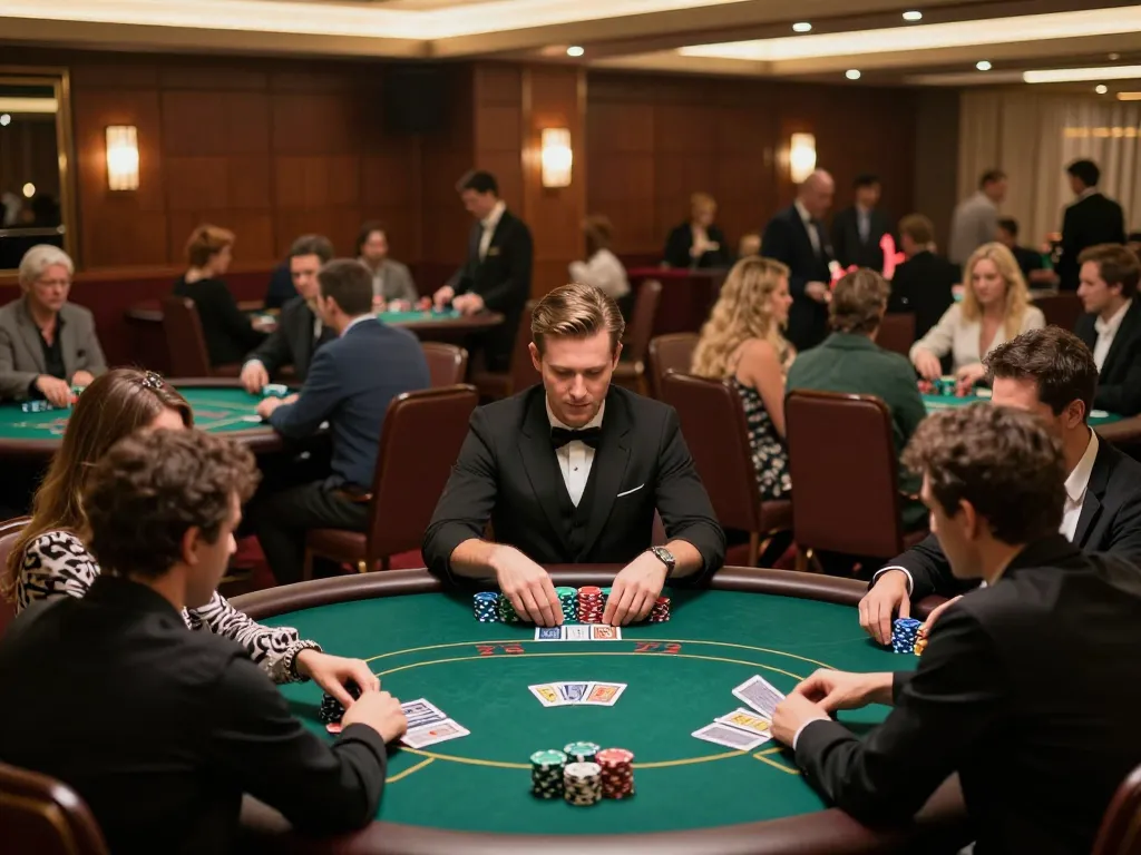 Engaged players enjoy strategic poker gameplay at FC88 casino, showcasing vibrant cards and chips.