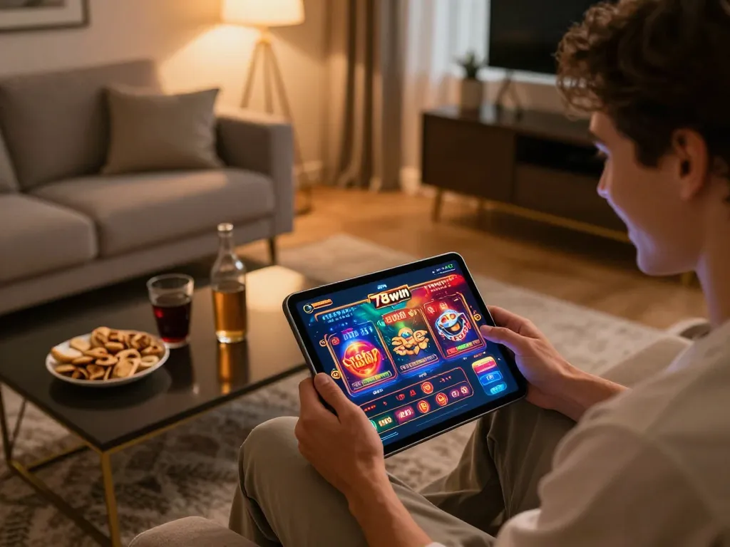 Player enjoying a winning moment on the 78win app in a cozy home environment