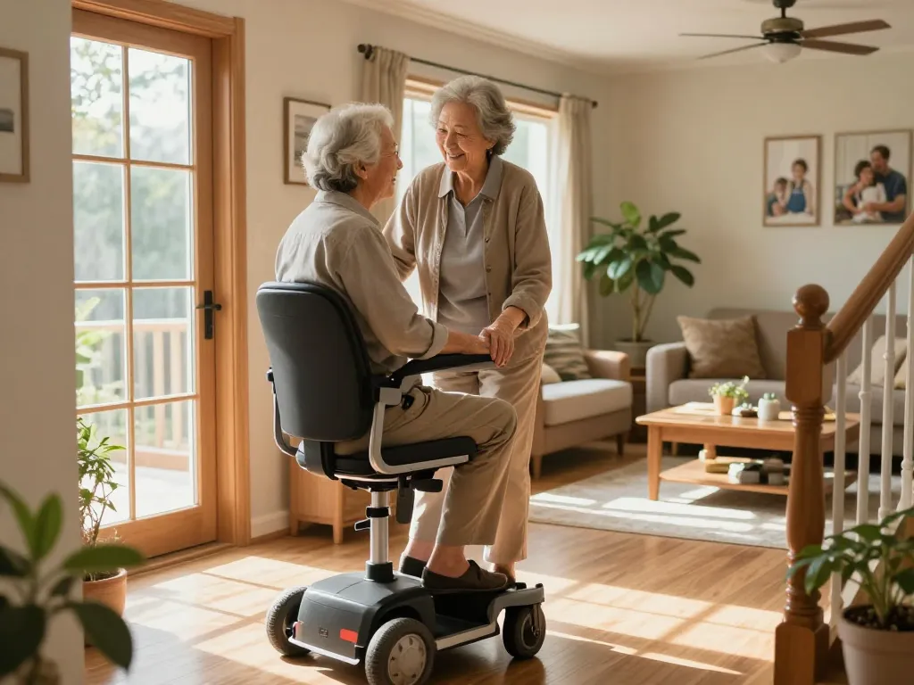 Couple using a stairlift in their home, showcasing comfort and safety.