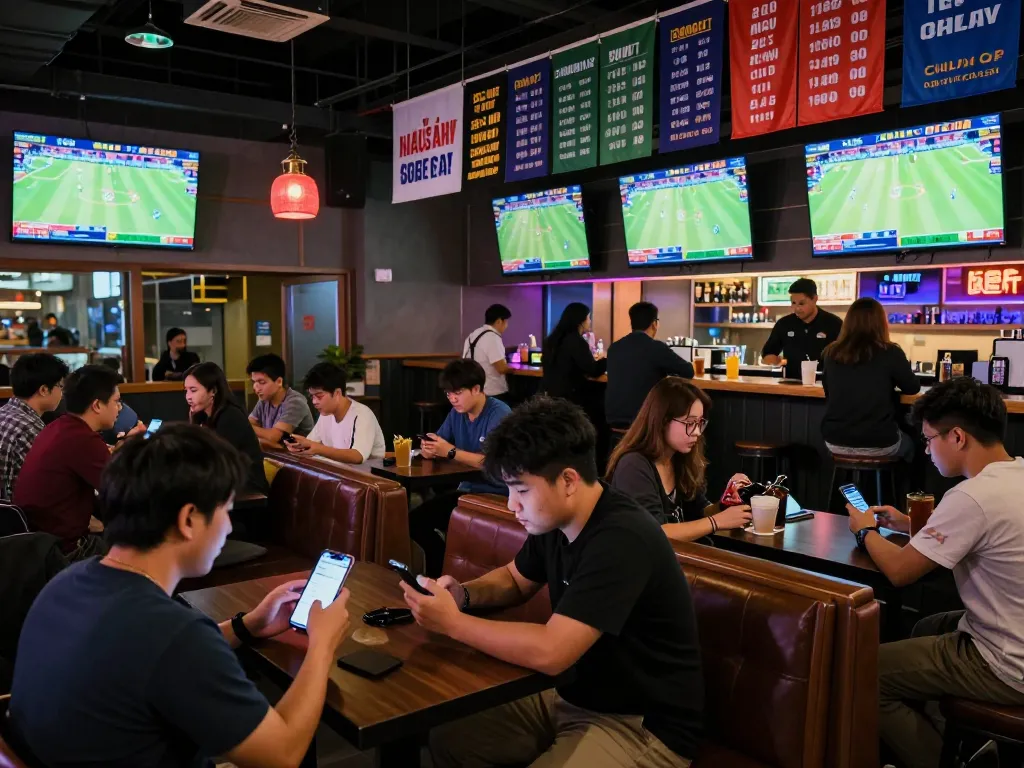 Engaging sports betting scene showcasing kèo nhà cái options with patrons focused on mobile devices.