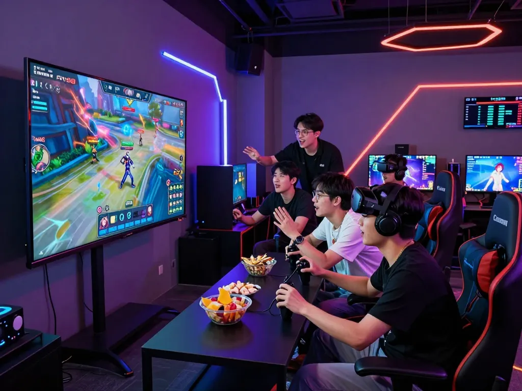 Cổng game Five88 - Friends enjoying an intense gaming session with colorful avatars and LED lights in a modern gaming room