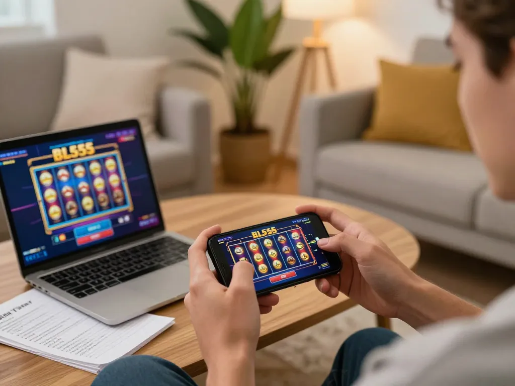 Player engaging with the BL555 mobile app, spinning colorful slots in a cozy gaming setup.