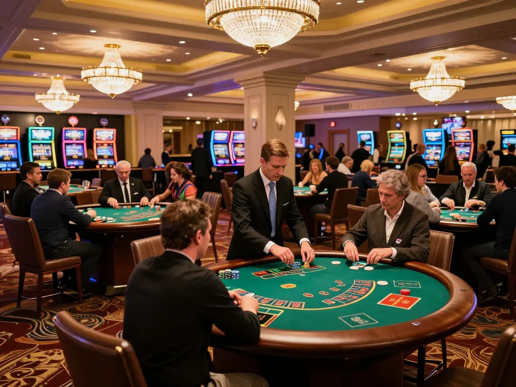 Players placing bets at blackjack tables in a vibrant Luck8Biz casino atmosphere.