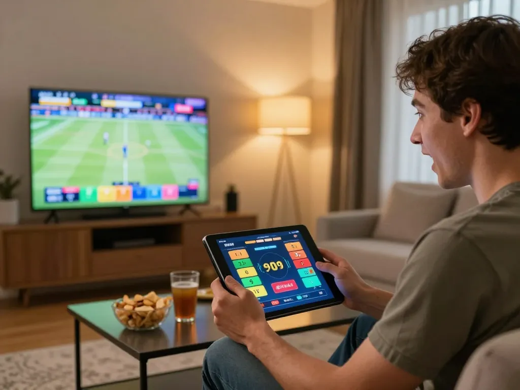 Excited player using bong88 app for live sports betting in cozy home setup.