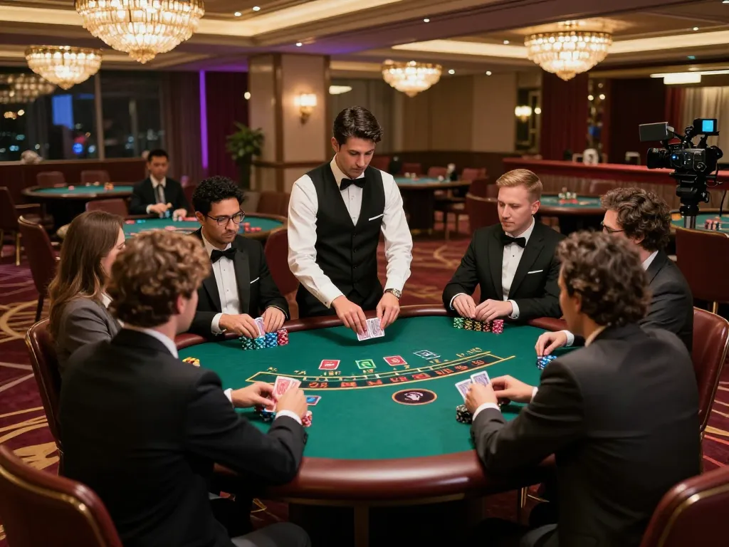 Players strategizing at a VIN777 blackjack table, showcasing luxury casino atmosphere