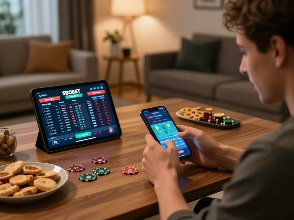 SBOBET user placing bets on mobile while engaging with live sports events in a cozy home setting