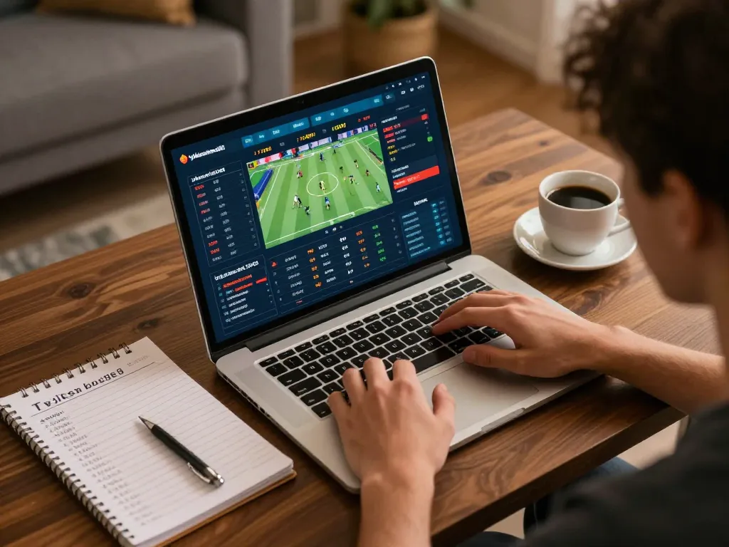 Engaging sports betting scene with a user analyzing odds on tylekeonhacai88 for strategic bets.