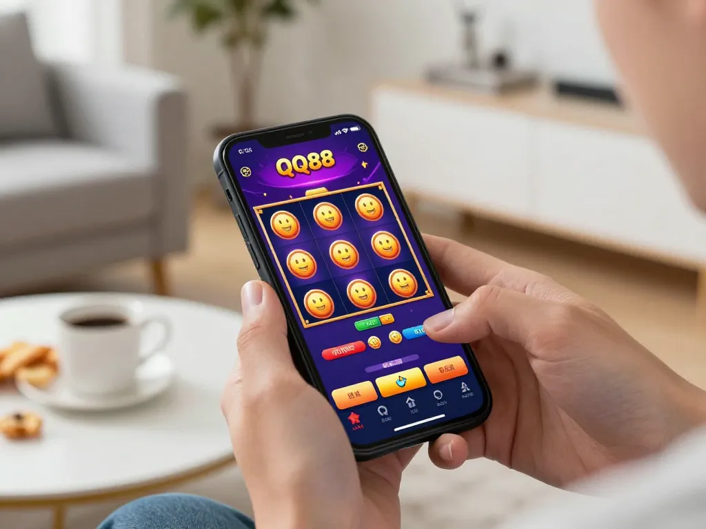 Engaging gameplay on the QQ88 mobile app with a colorful slot game displayed on a smartphone screen.