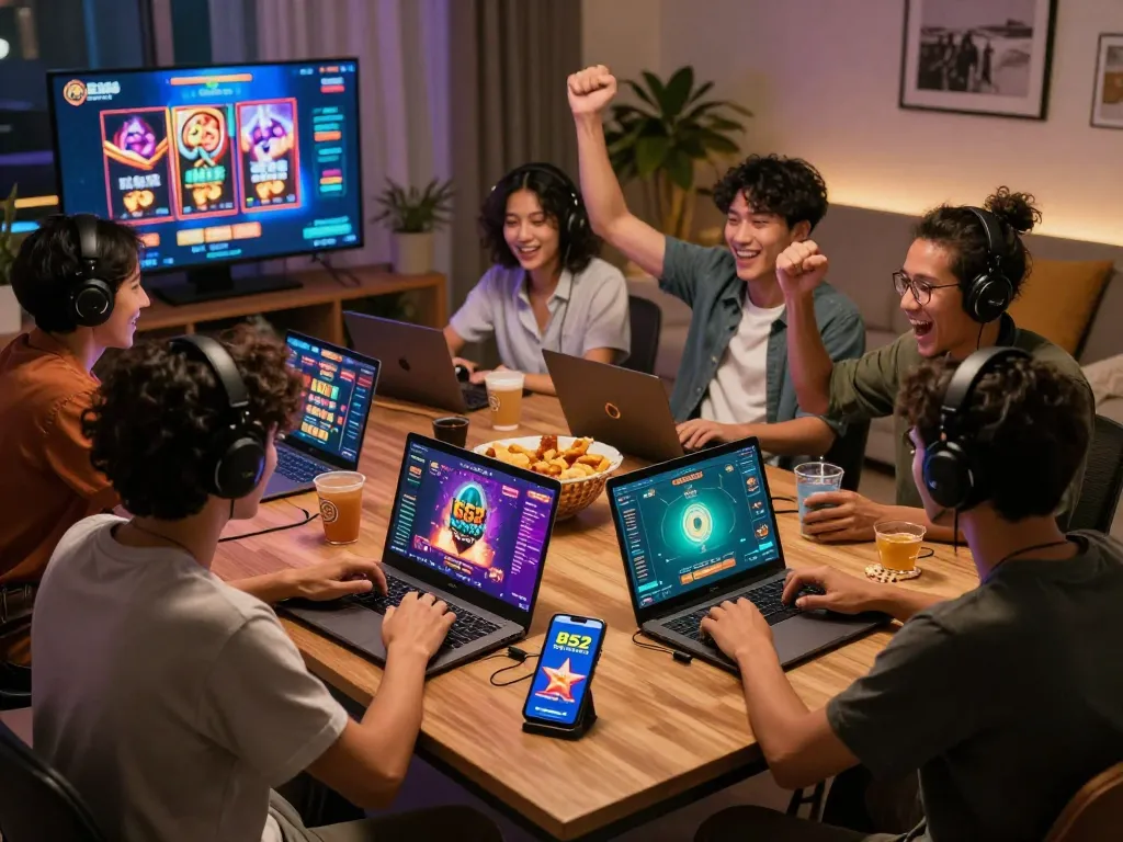 Exciting B52 online gaming night with friends around laptops celebrating wins and gaming together.