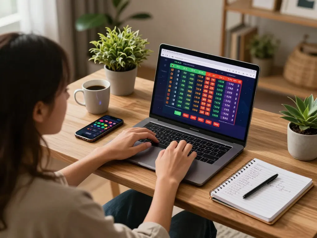 A person engaging in lô đề online gaming with strategic notes in a cozy home setup.