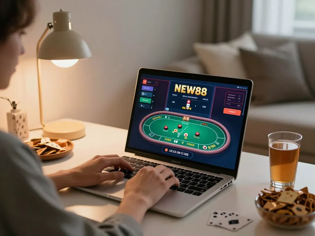 Experience strategic gaming with NEW88 on a modern laptop, highlighting the online casino atmosphere.