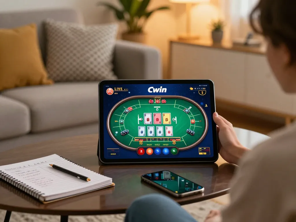 Cwin app user enjoying a dynamic live casino game on tablet while engaged in strategic betting at home.