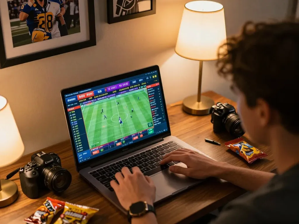 Engaging in kèo nhà cái analysis on a laptop in a cozy sports betting setup, highlighting excitement and strategy.