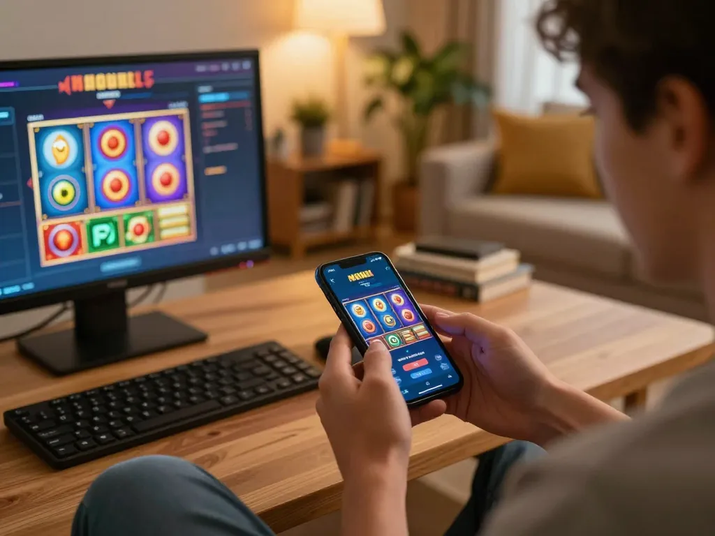 Engaged in online gambling with the NOHU app, showcasing a modern gaming setup and cozy atmosphere.