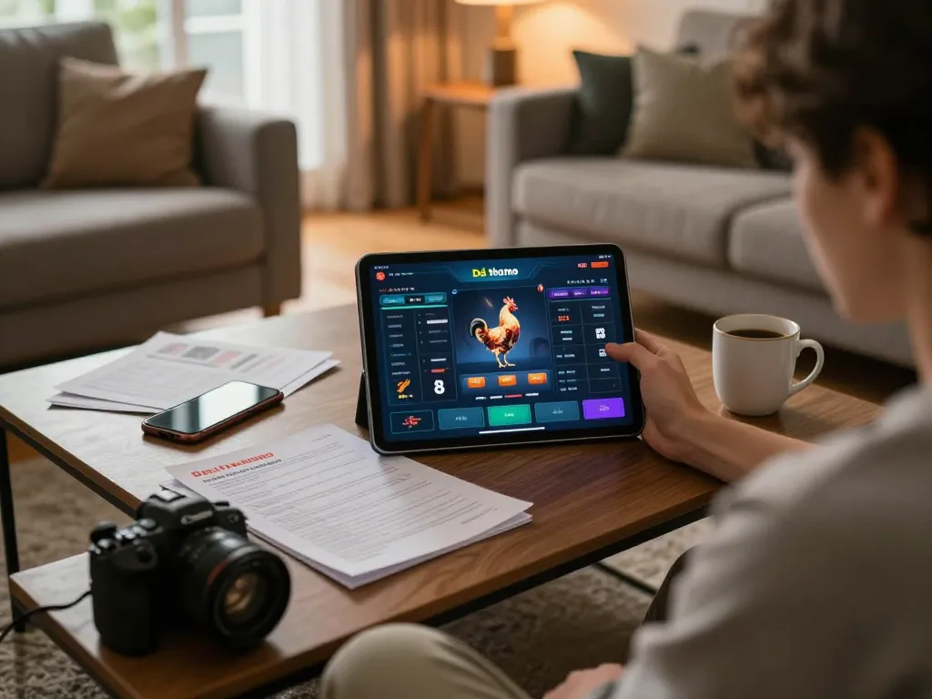 Engaging with Đá gà thomo online on a tablet in a cozy living room setting, showcasing responsible gambling.