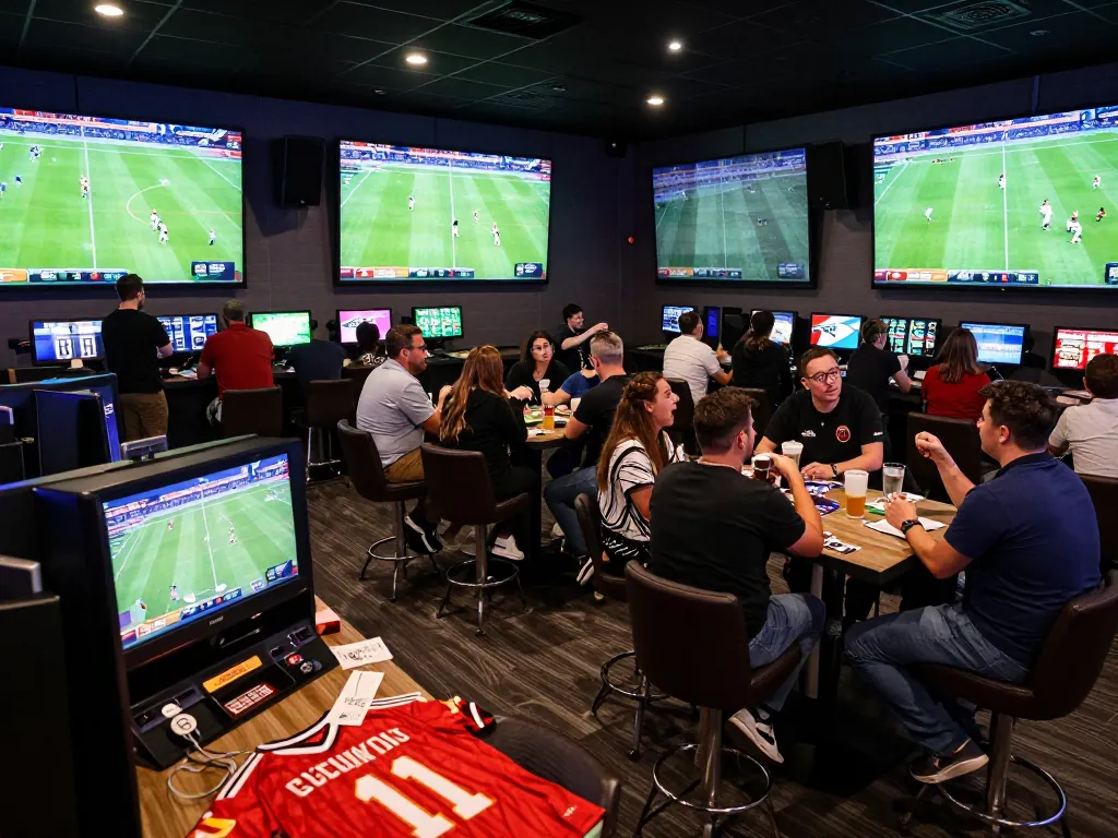 Engaging sports betting scene highlighting tin soi kèo strategies with fans excitedly placing bets in a lively lounge