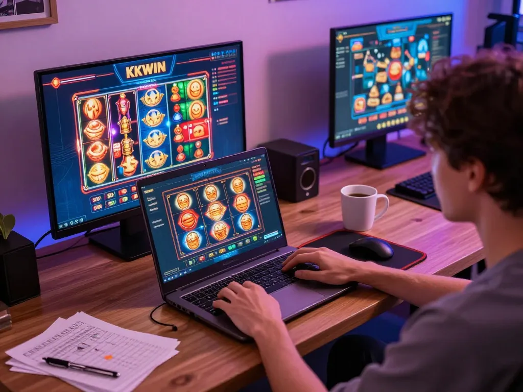 Engaging KKWIN online gaming scene with a player at a laptop, showcasing immersive gameplay.