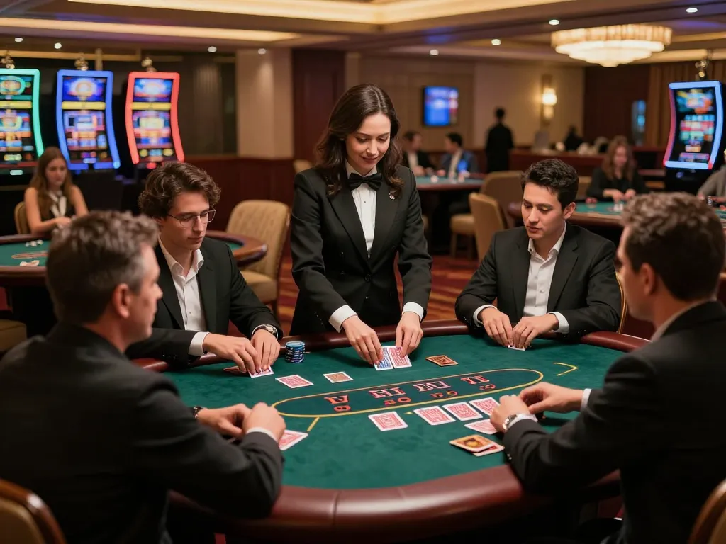 Players at a blackjack table focusing on strategies in a luxurious casino, showcasing F88BET fun.