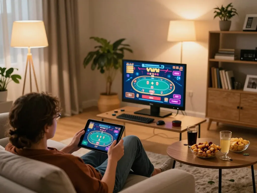 79KING online gaming scene featuring a player engaged with a poker interface on tablet in a cozy living room