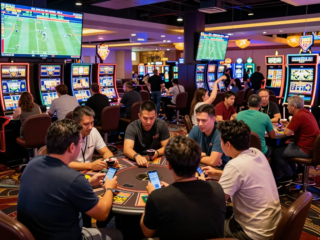 Enthusiastic bettors engaging in live sports betting at keonhacaii88 in a bustling casino atmosphere.