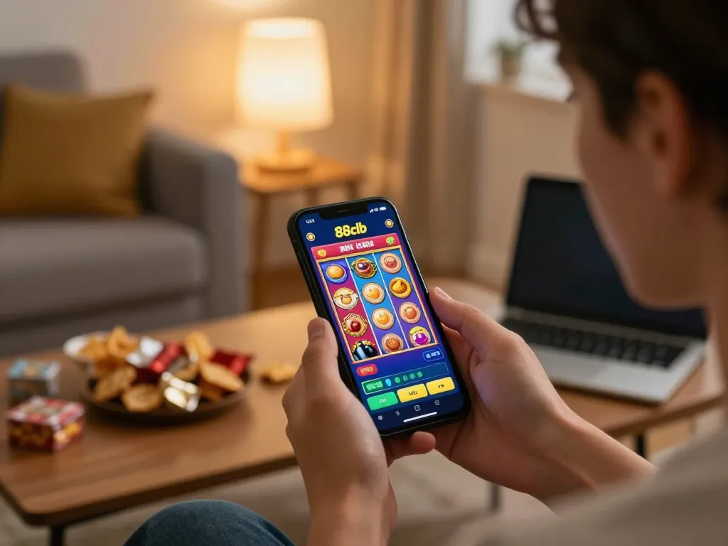 Player enjoying online gambling at 88clb with smartphone in cozy living room setup.