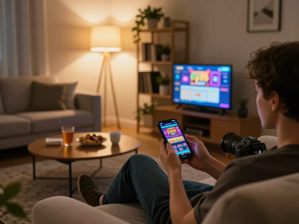 Engaging in online gambling with the fly88 app on a cozy living room couch