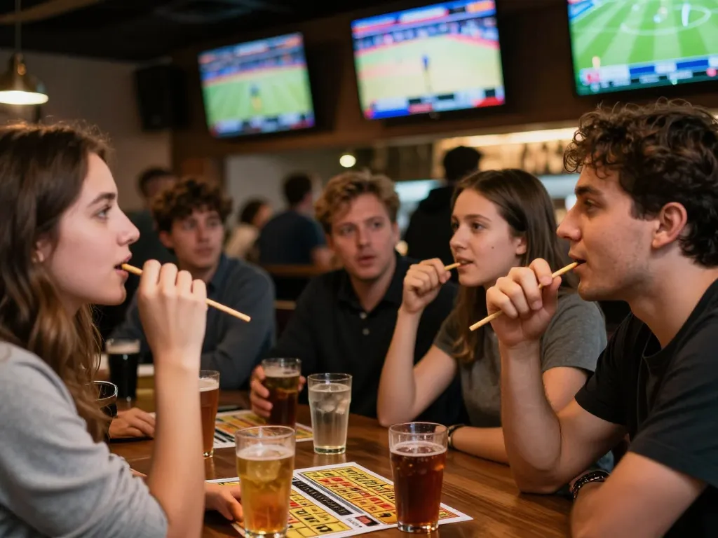 Kèo nhà cái enthusiasts placing bets while watching live sports at a vibrant sports bar