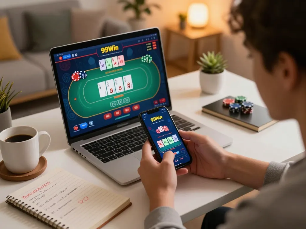 Experience the thrill of live poker with 99Win on your smartphone in a cozy gaming setup.