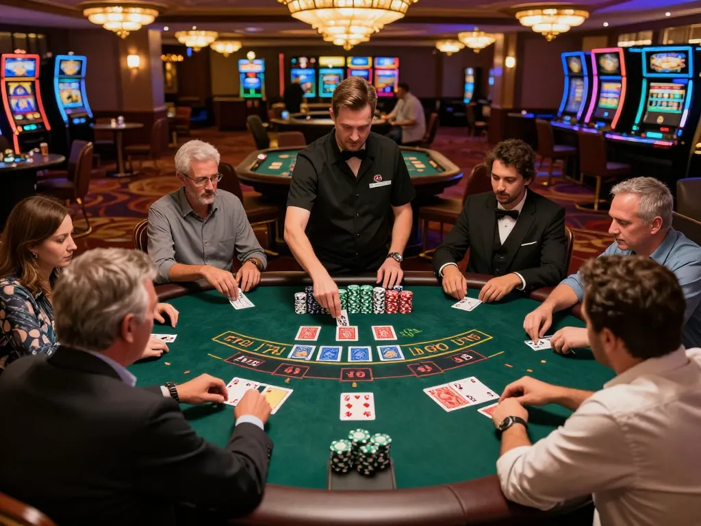 C168 players making strategic blackjack bets at an upscale casino table amidst vibrant nightlife.
