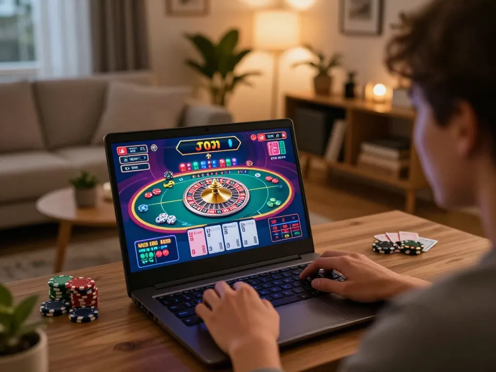 Engaged player using TG88 for online roulette gaming in a cozy home setting