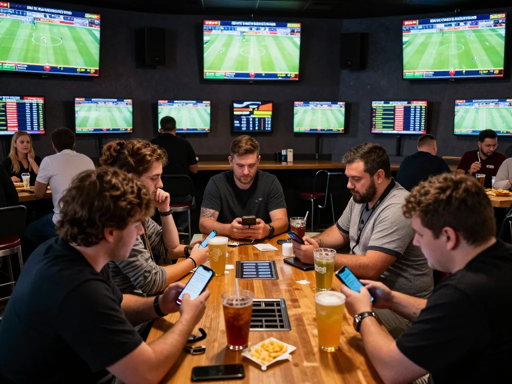 Engaged bettors analyzing odds on their smartphones at a lively sports betting venue while following soi kèo nhà cái updates