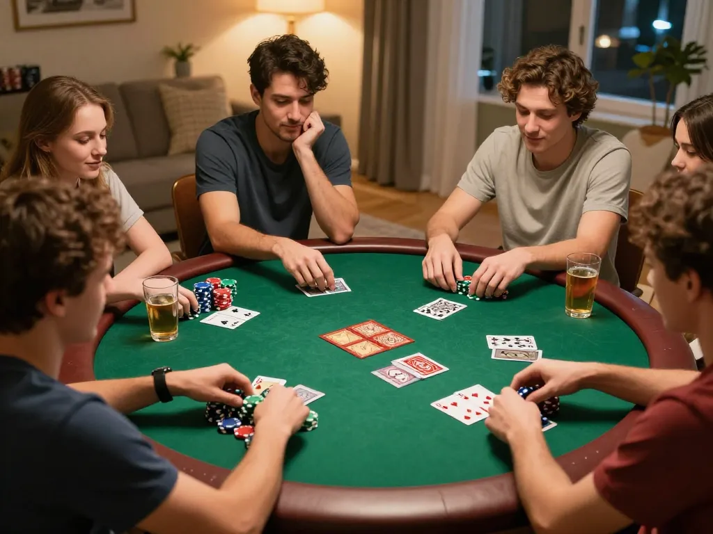 Friends enjoying an engaging poker game night at home, highlighting the strategic excitement of xo88 gaming.
