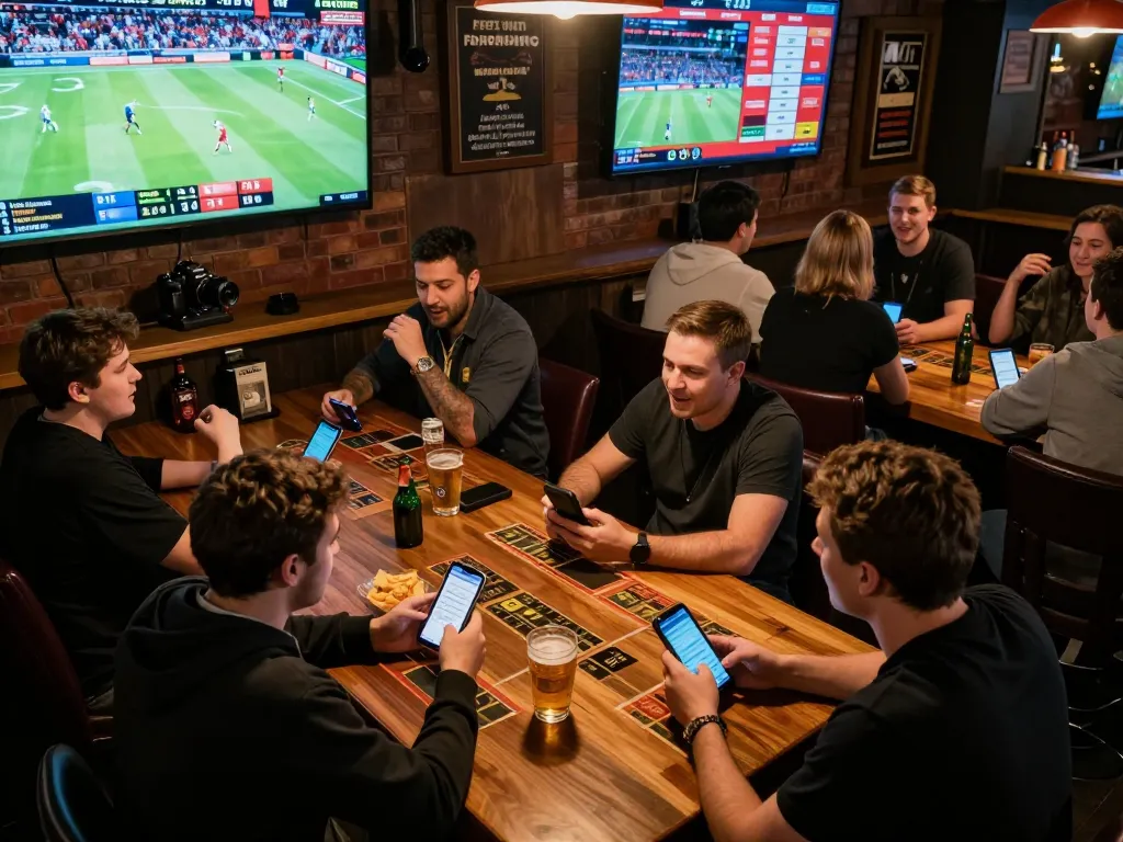 Excited bettors engage with F8BET in a lively sports betting environment, showcasing camaraderie.