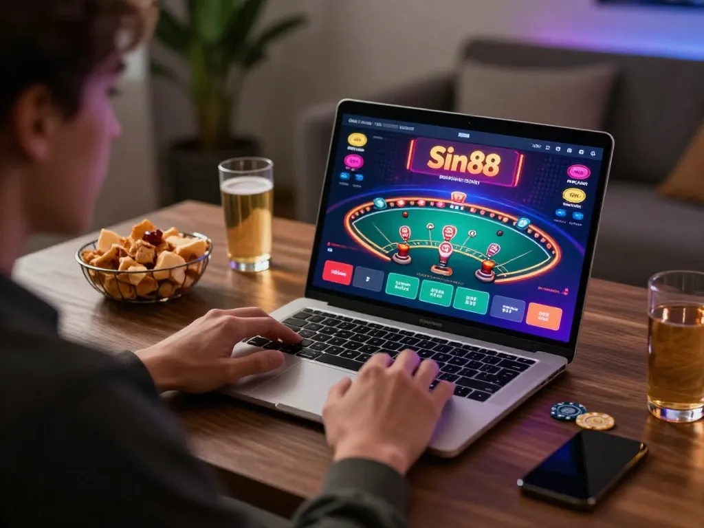 Engaging gaming session on Sin88 with a player focused on blackjack and modern decor.