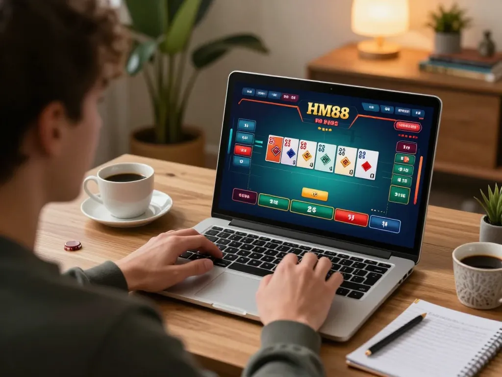 Player engaging in HM88 online poker action on a laptop with strategy notes