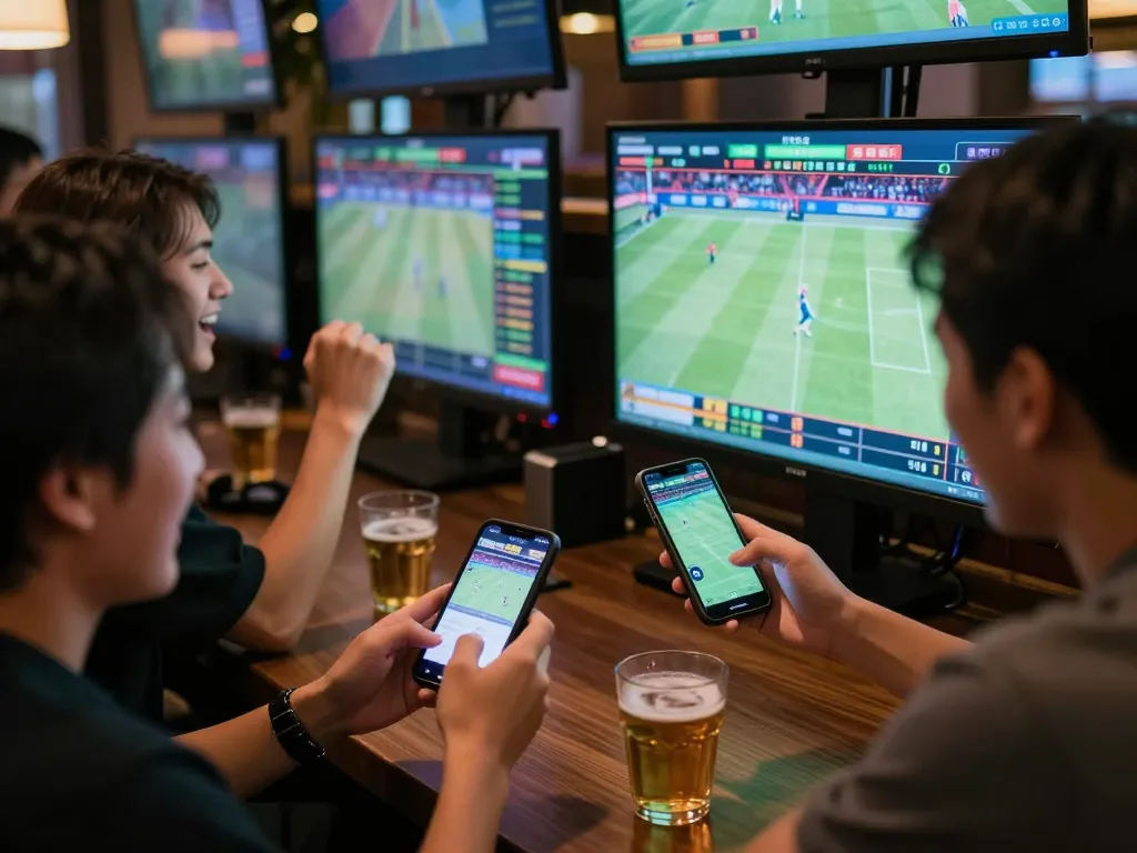 Tỷ lệ kèo nhà cái hôm nay displayed on smartphone during sports betting excitement at a social bar.