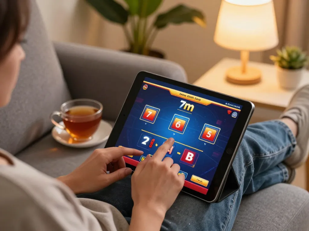 Engaged player exploring 7m cn poker game on tablet in a cozy home setting.