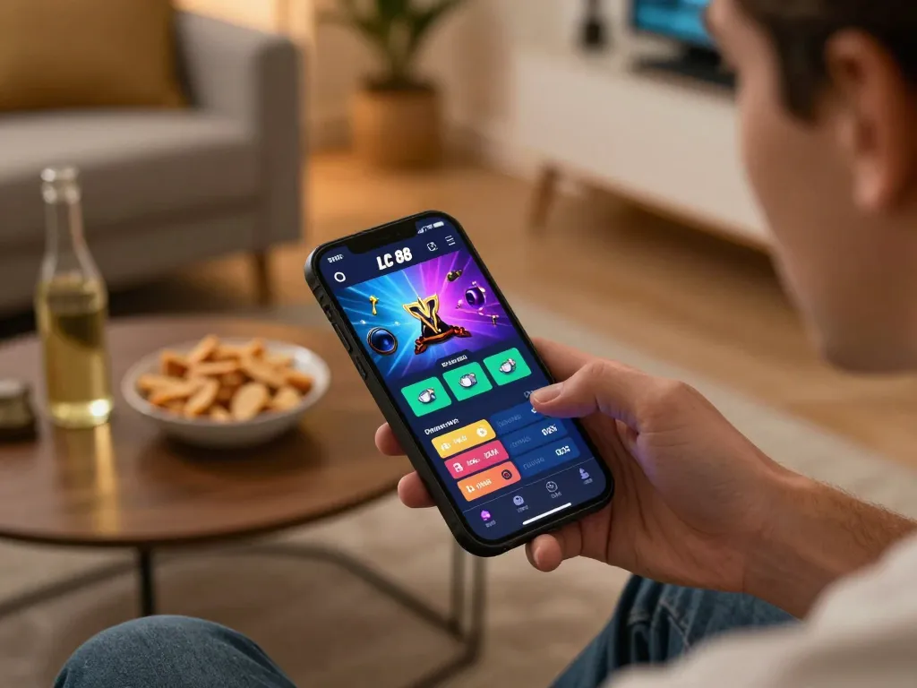 Player exploring LC 88 betting app on smartphone in cozy home environment while enjoying snacks.