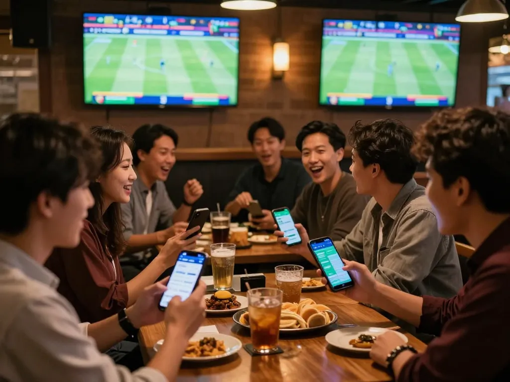 Engaged sports bettors reviewing kèo nhà cái odds on smartphones in a vibrant bar setting.
