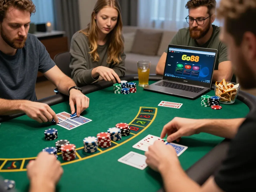 Players strategizing their next move on Go88's online blackjack, enjoying responsible gaming at home.
