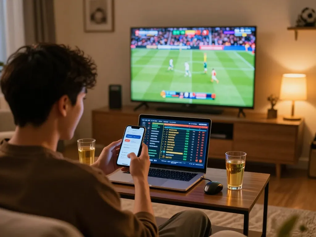 QQ88 player placing bets on a smartphone during an exciting live sports event at home.