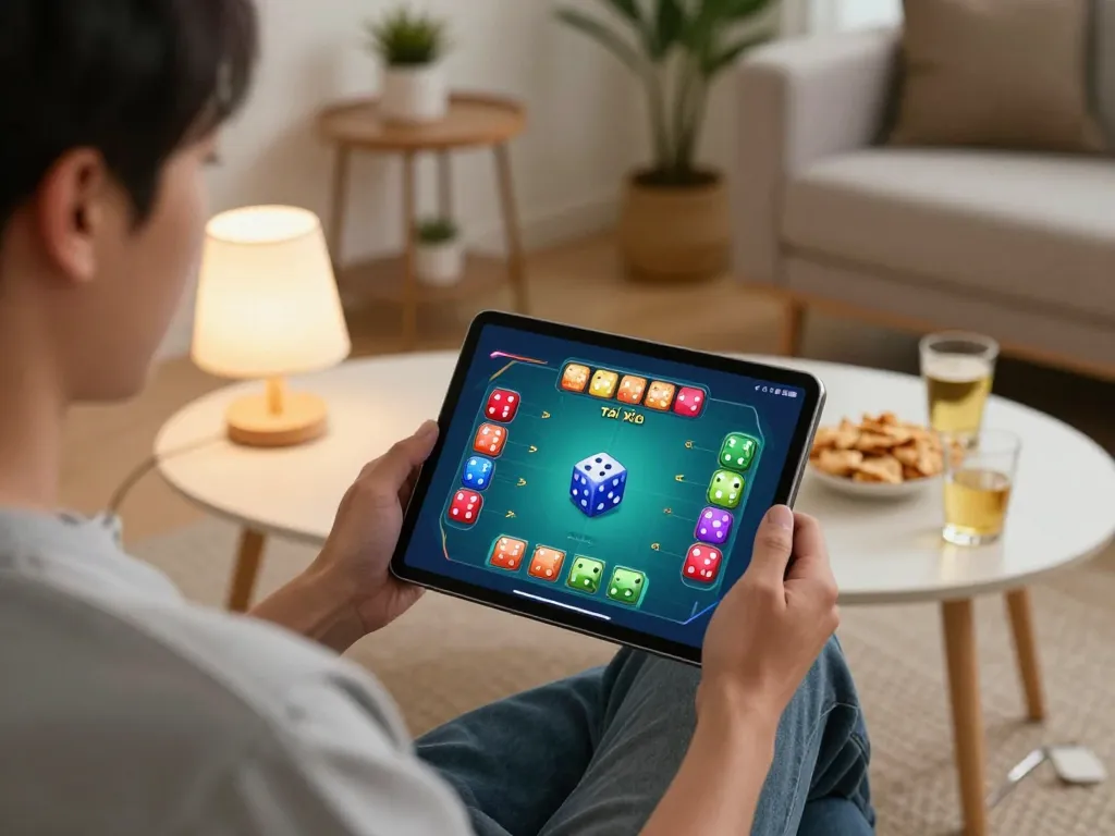 Tài xỉu player engaging in online gaming from home, showcasing tablet with colorful game interface.