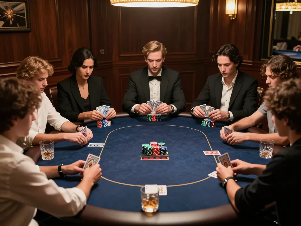 Poker players strategizing their next move for hm88 in a luxurious private game night setting.