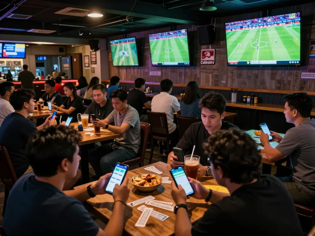 Patrons engaging with the Cakhiatv app while watching live football matches in a lively sports bar.