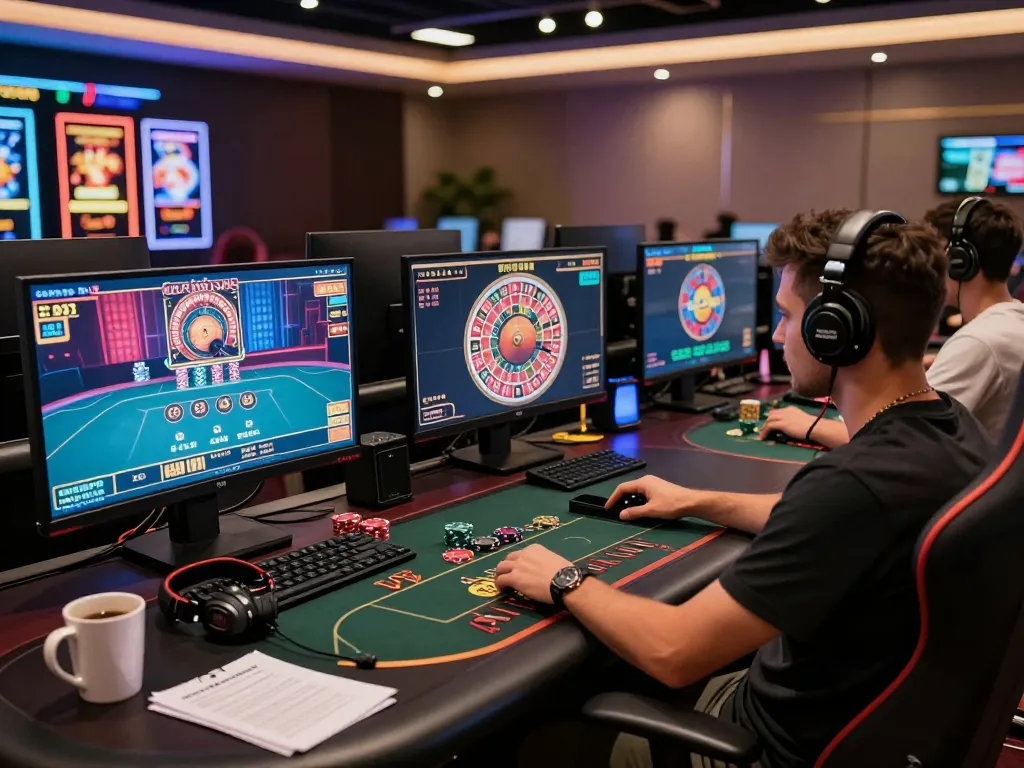 Player engaged in gaming at Au88 online casino setup, showcasing poker tables and interactive slots.