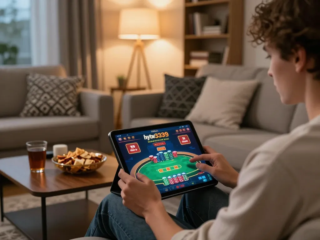 Player enjoying poker game on hytw3339 tablet in cozy living room setting, highlighting online gambling excitement.