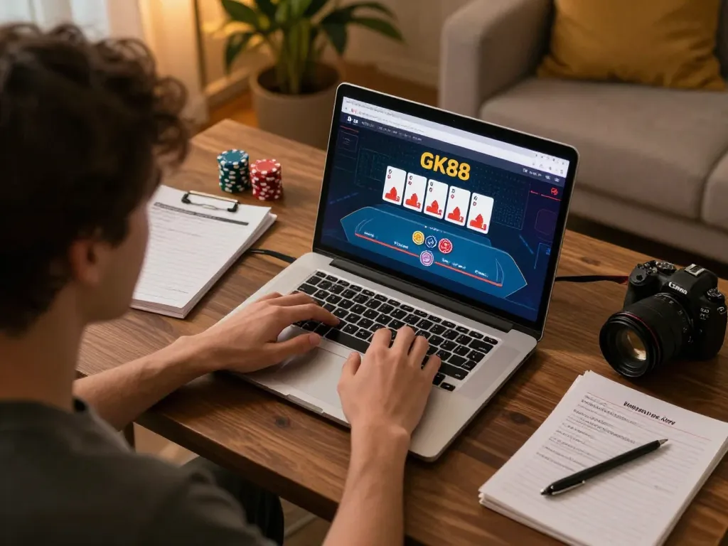 Engaging online gaming session as a player accesses GK88 link vào on a laptop in a cozy setting.