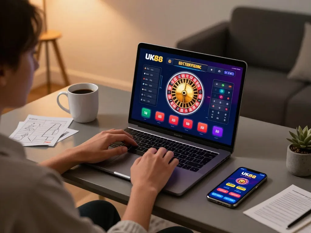 Engaging in strategic online gameplay at UK88 with vibrant roulette display on laptop.