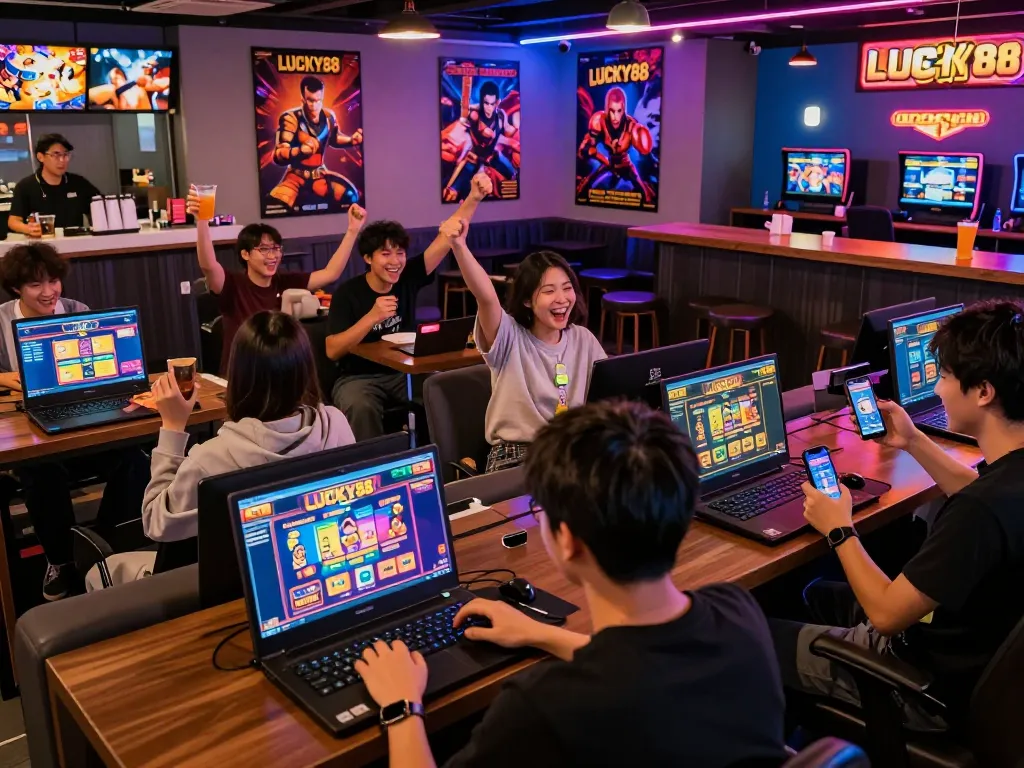 Cổng game Lucky88 gaming café scene with players enjoying vibrant online games on various devices, creating a lively atmosphere of camaraderie.