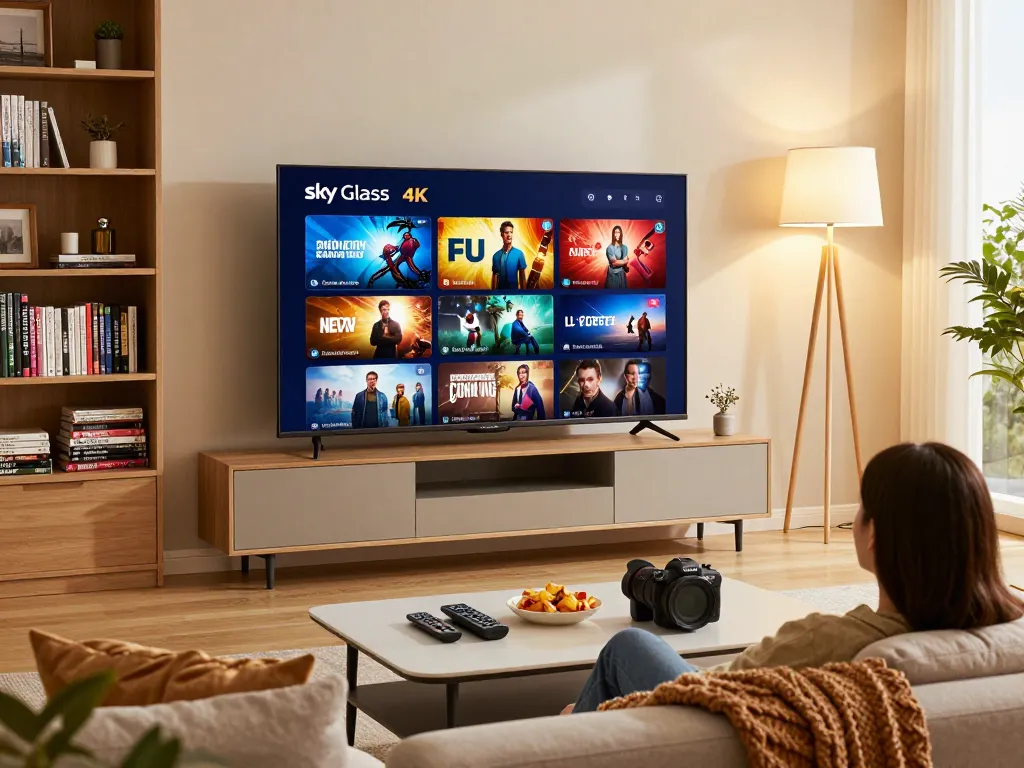 Enjoying Sky Glass IPTV in a cozy living room, showcasing 4K streaming setup and inviting atmosphere.